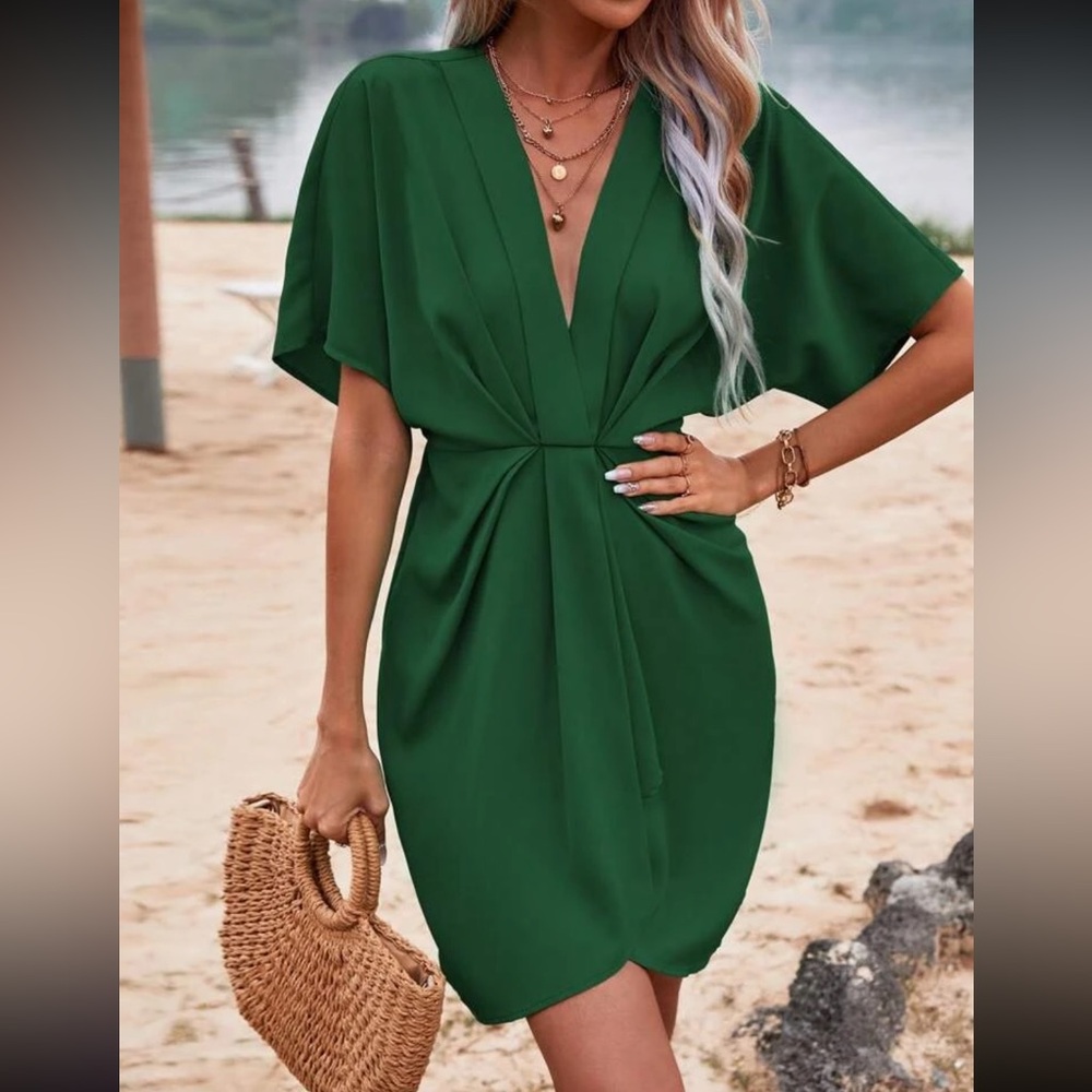 SHEIN Clasi Solid Wrap Ruched Front Batwing Sleeve Dress
